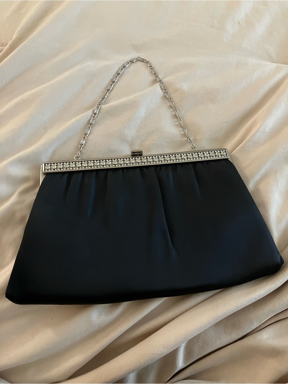 Vintage HL USA Black Satin Evening Clutch Bag Rhinestone Accent